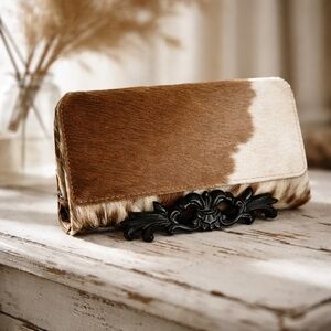 New Unique Brown White Tan Genuine Leather Cowhide Flap Handmade womens Wallet